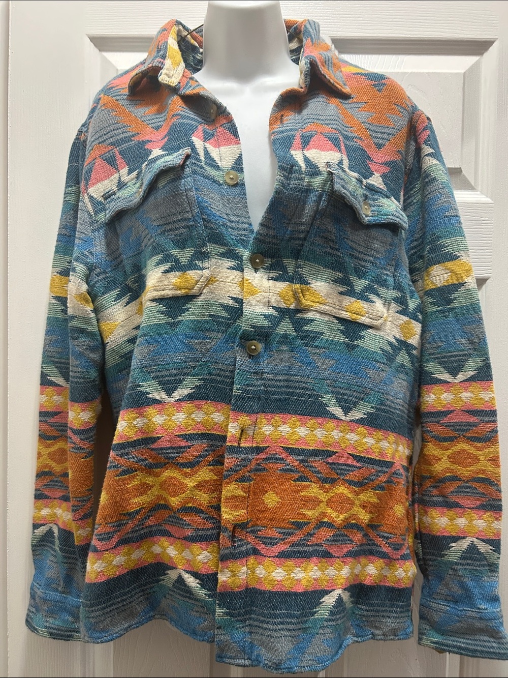 Urban Outfitters Navy, Coral, Mustard & Teal Patterned Knit Top